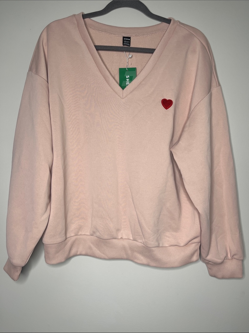 SHEIN Light Pink V-Neck Sweater with Red Heart Patch